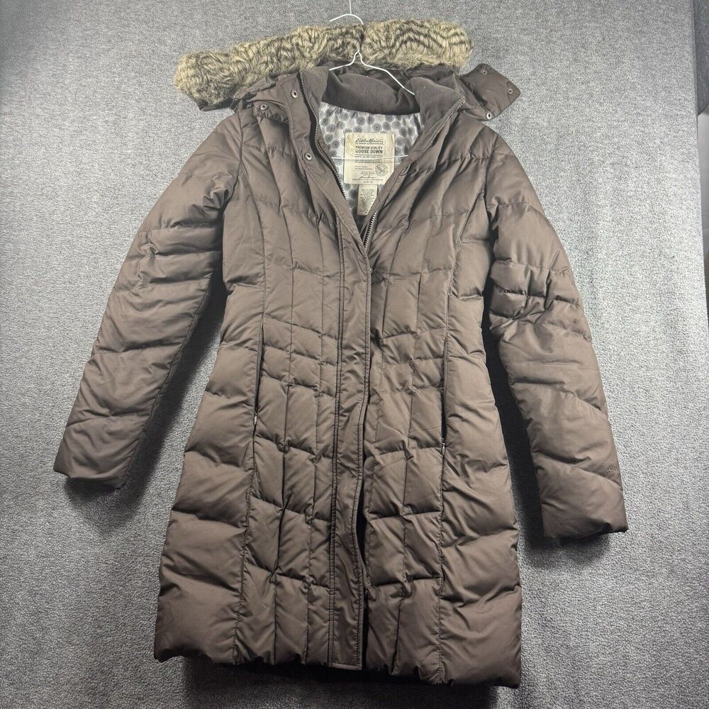 Eddie Bauer Jacket Womens XS Brown Full Zip Fur Trim Goose Down Puffer Coat